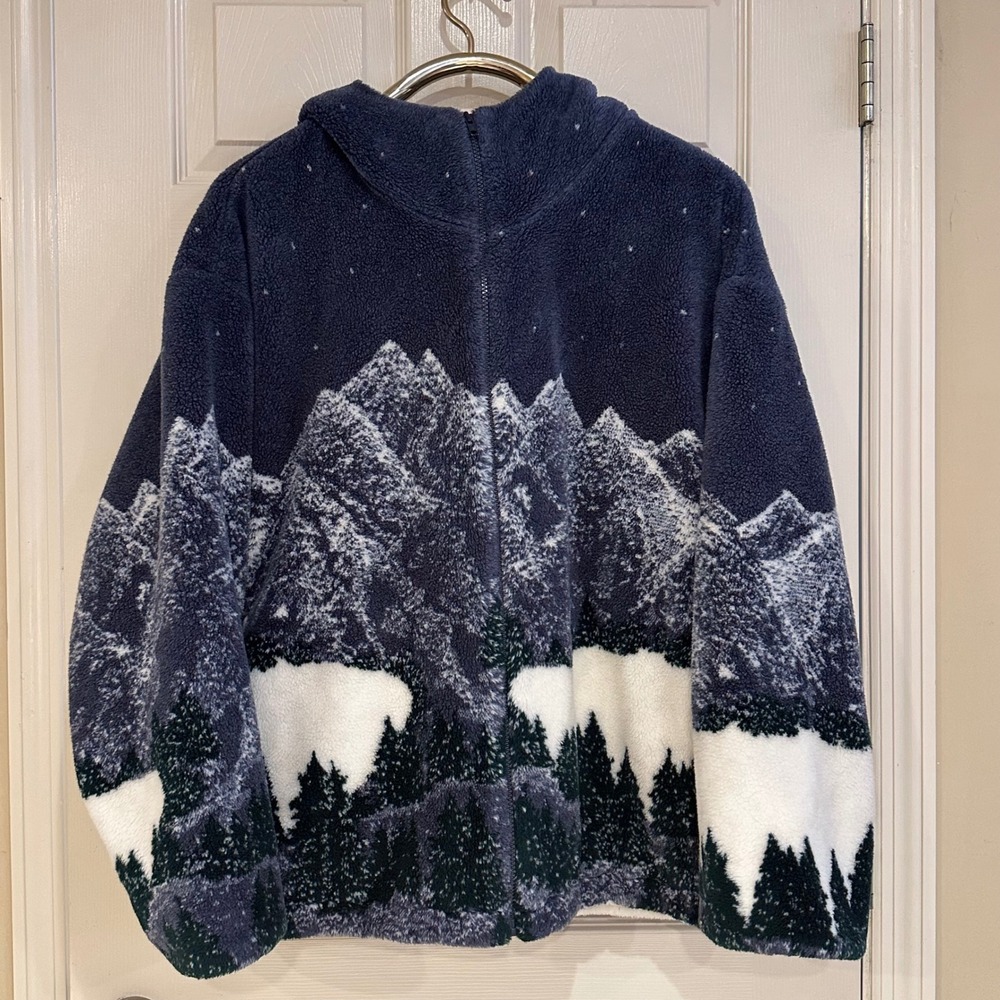 Country Woods Mountain Landscape Fleece Hoodie Full Zip Blue White Mens Large